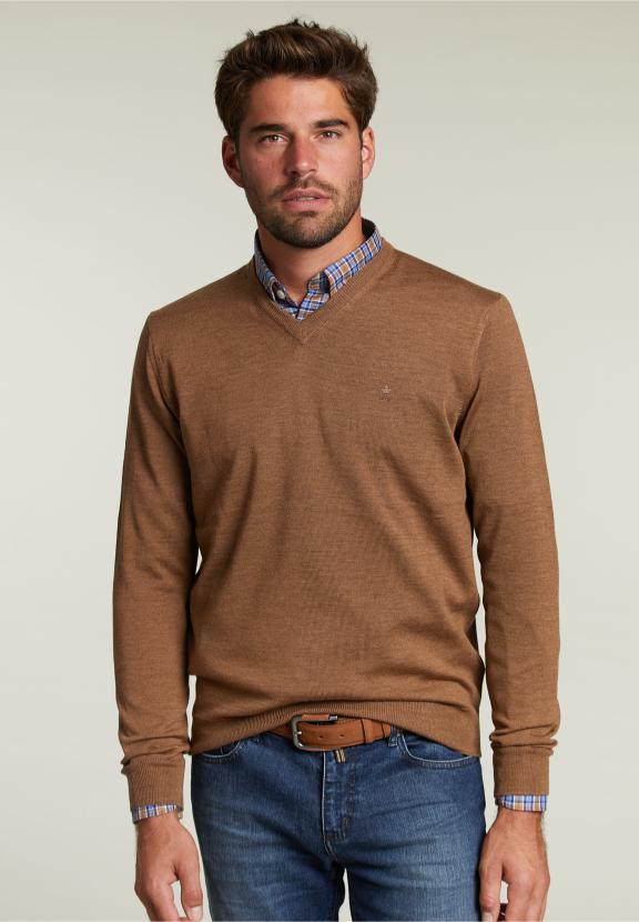 Pull en V sur mesure en mérinos Crumble Mix - Marron - W