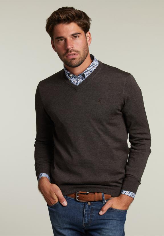 Pull en V sur mesure en mérinos Barrel Mix - Marron - RM22W-C9952_A-000 - W