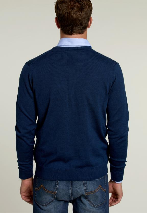 Pull en V sur mesure en mérinos mélange denim foncé - bleu - W