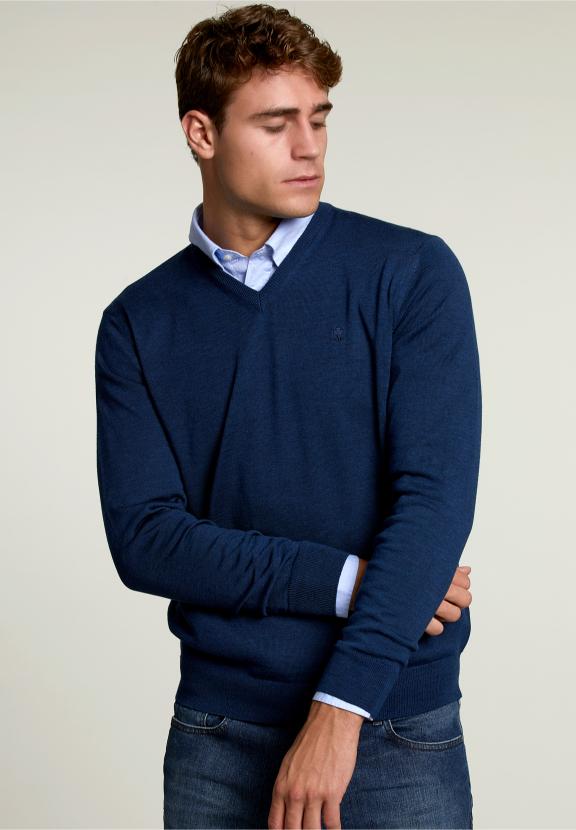 Pull en V sur mesure en mérinos mélange denim foncé - bleu - W