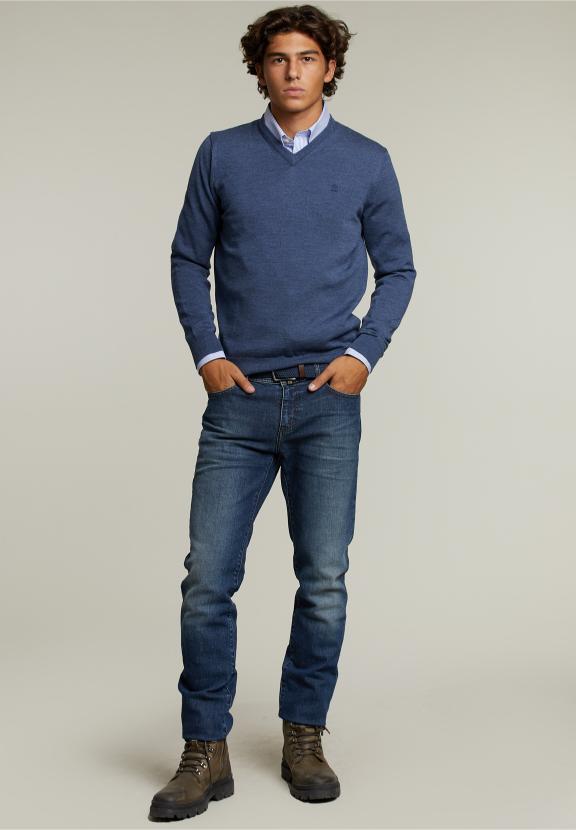 Pull en V sur mesure en mérinos mélange denim - bleu - W