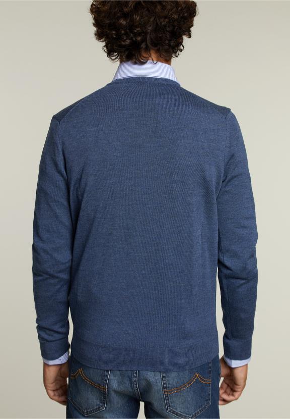 Pull en V sur mesure en mérinos mélange denim - bleu - W