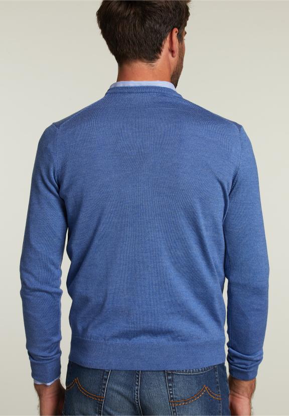 Pull en V sur mesure en mérinos bleu mix urbain - W
