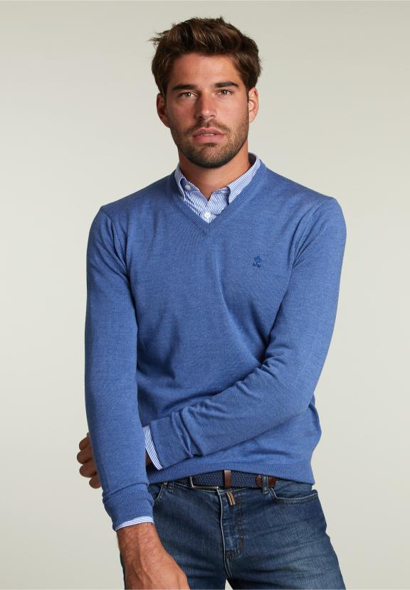 Pull en V sur mesure en mérinos bleu mix urbain - W