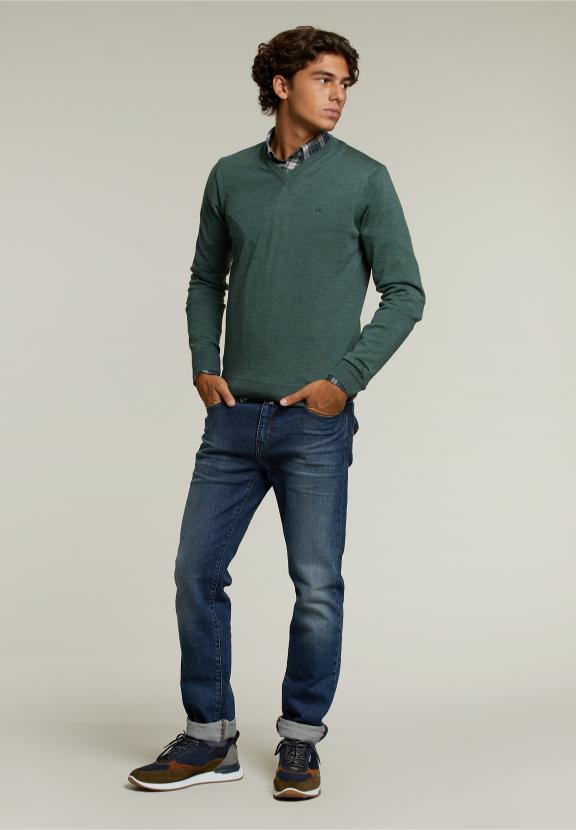 Pull en V sur mesure en mérinos Cottage Mix - Kaki - W