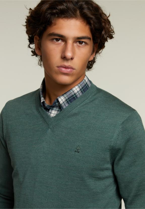 Pull en V sur mesure en mérinos Cottage Mix - Kaki - W