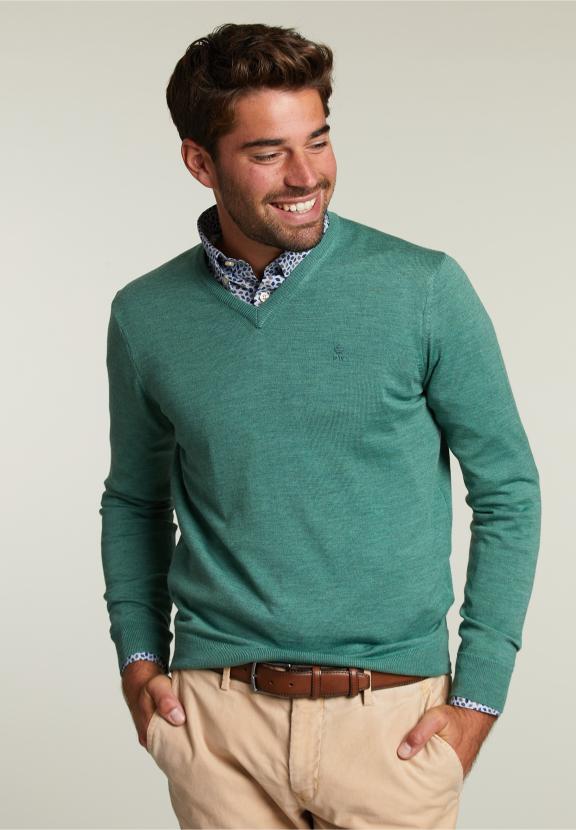 Custom Fit Merino V-Neck Pullover Scotch Mix - Vert