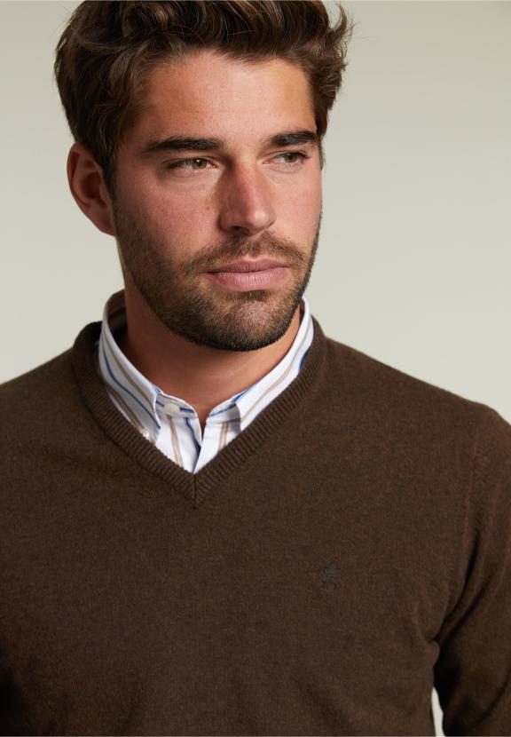 Pull col en V en laine d'agneau de base - Marron - W