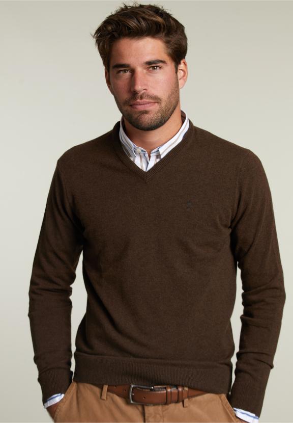Pull col en V en laine d'agneau de base - Marron - W