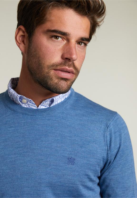 Pull Col Rond Sur Mesure en Laine Mérinos Wall Street Mix - Bleu - W