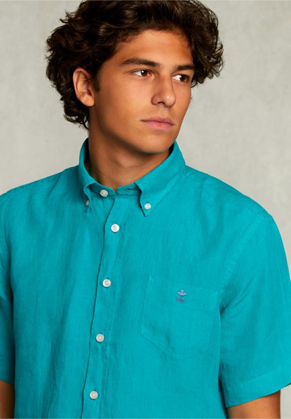 Custom Fit Linen Shirt Short Sleeves Lime - Vert
