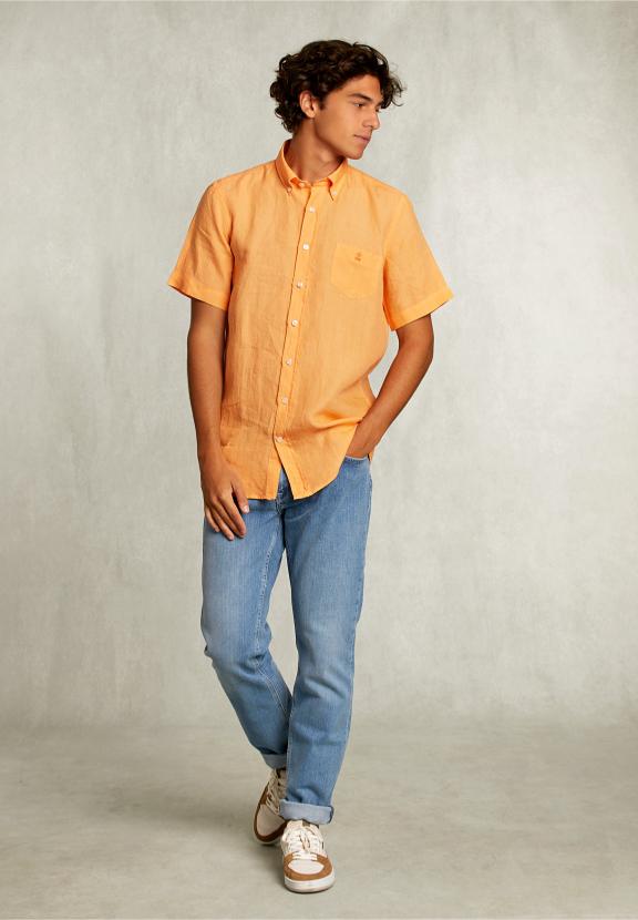 Custom Fit Linen Shirt Short Sleeves Starfish - Orange