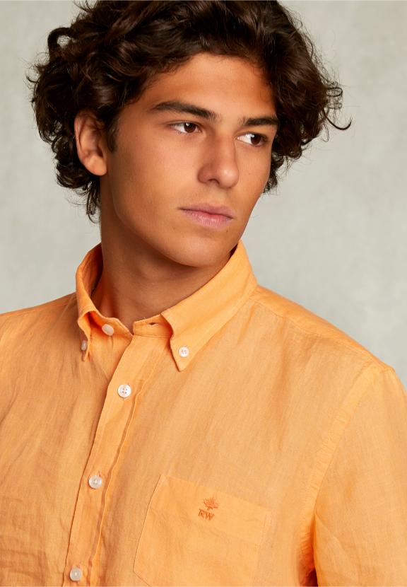 Custom Fit Linen Shirt Short Sleeves Starfish - Orange