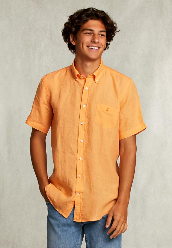 Custom Fit Linen Shirt Short Sleeves Starfish - Orange