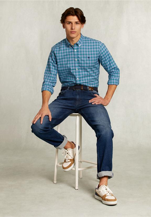 Custom Fit Checked Shirt Blue/Green - Vert