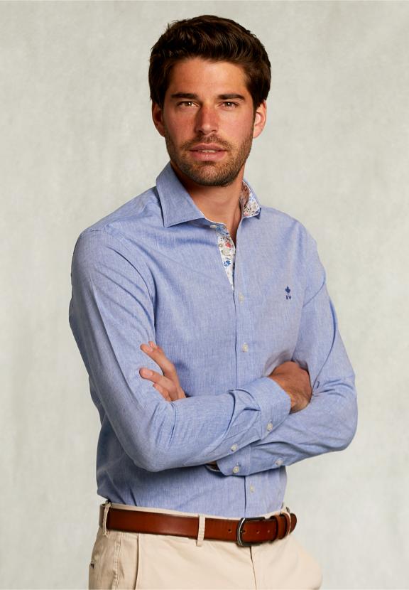 Slim Fit Cotton-Linen Shirt Blue - Bleu