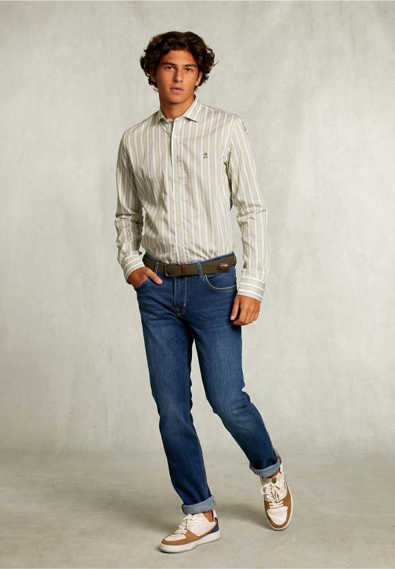 Slim Fit Striped Shirt Green/White - Vert