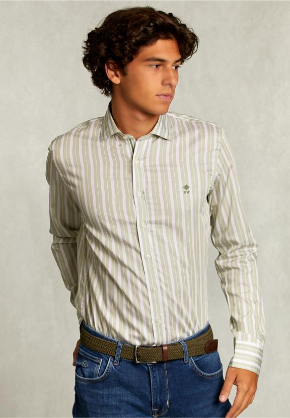 Slim Fit Striped Shirt Green/White - Vert