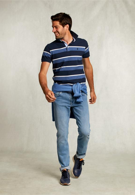 Custom Fit Striped Polo Indian Ocean Mix - Bleu