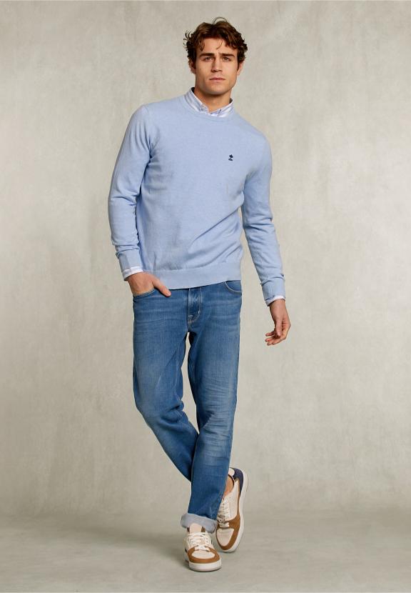 Normal Fit Basic Cotton Crew Neck Pullover Ice Queen Mix - Bleu