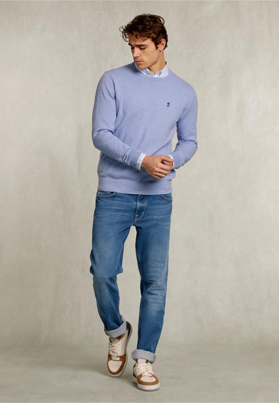Normal Fit Basic Cotton Crew Neck Pullover Tropez Mix - Bleu