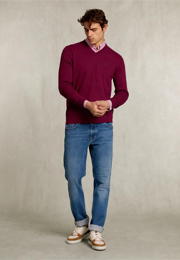 Normal Fit Basic Cotton V-Neck Pullover Cuberdon Mix - Violet