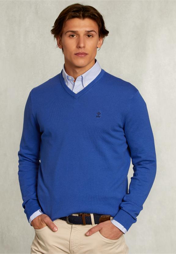 Normal Fit Basic Cotton V-Neck Pullover Delta - Bleu
