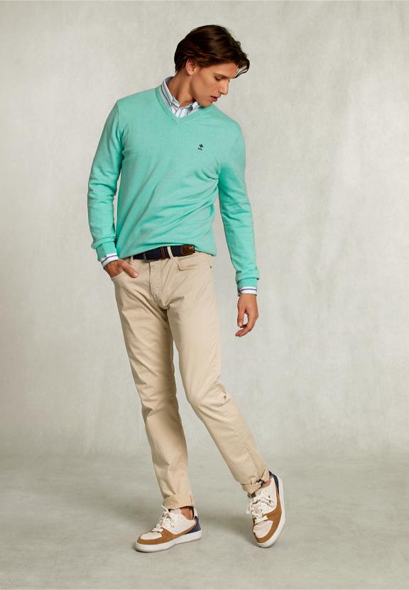 Normal Fit Basic Cotton V-Neck Pullover Gimlet Mix - Vert