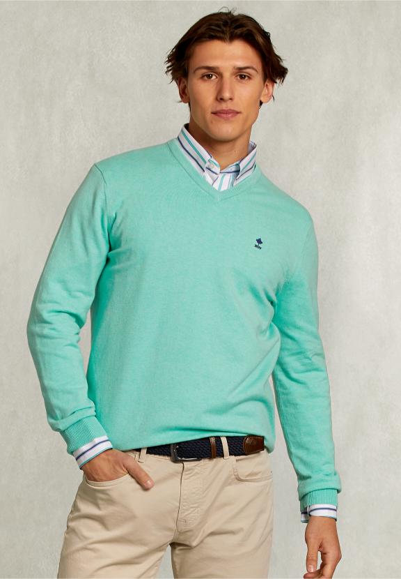 Normal Fit Basic Cotton V-Neck Pullover Gimlet Mix - Vert