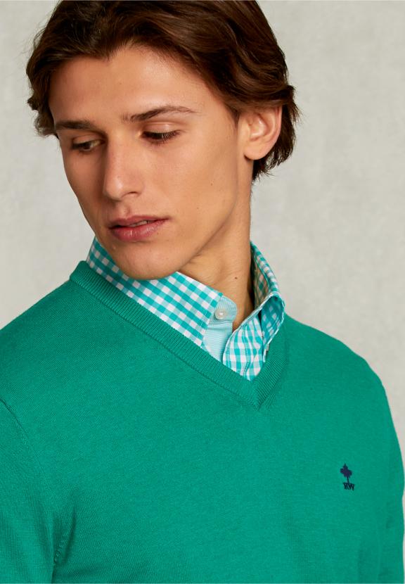 Normal Fit Basic Cotton V-Neck Pullover Green Twist Mix - Vert