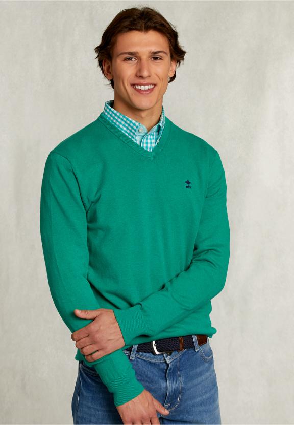Normal Fit Basic Cotton V-Neck Pullover Green Twist Mix - Vert