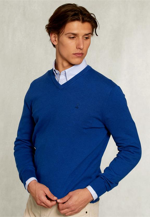Normal Fit Basic Cotton V-Neck Pullover Nile Mix - Bleu