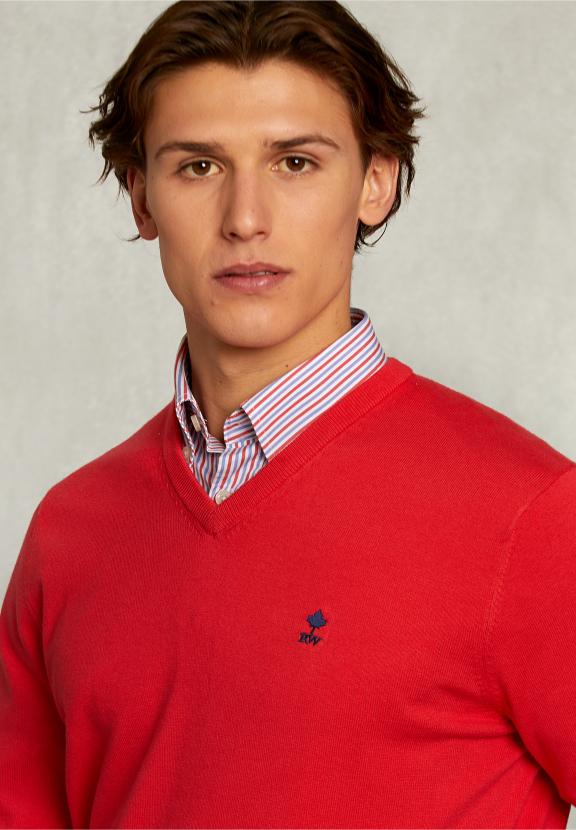 Normal Fit Basic Cotton V-Neck Pullover Pomegranate - Rose