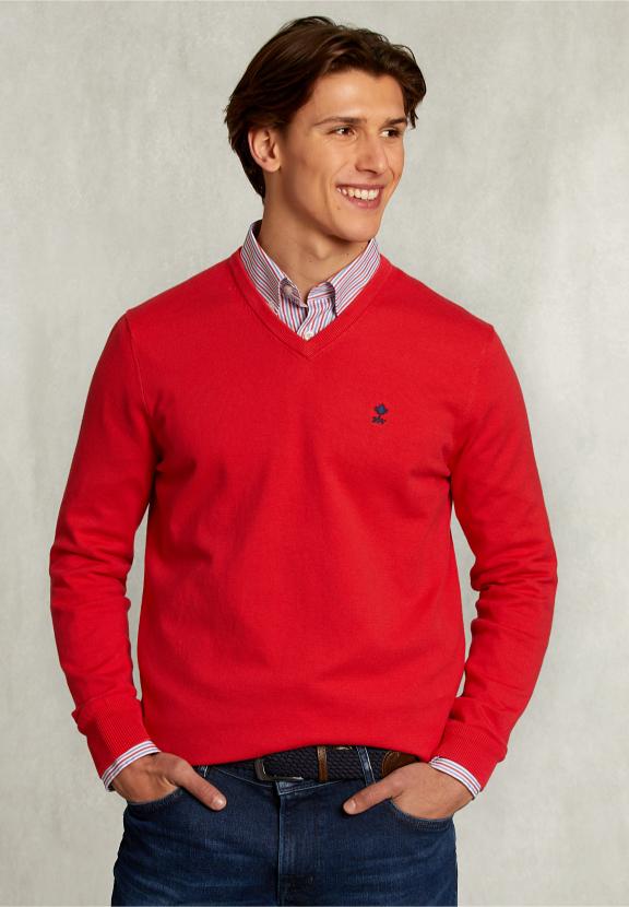 Normal Fit Basic Cotton V-Neck Pullover Pomegranate - Rose