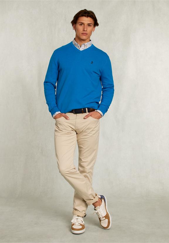 Normal Fit Basic Cotton V-Neck Pullover Tropical Blue Mix - Bleu