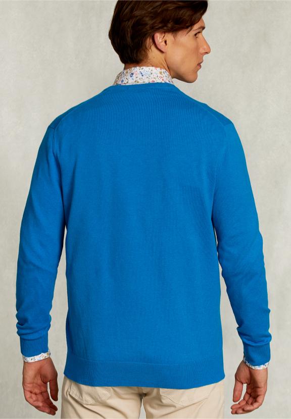Normal Fit Basic Cotton V-Neck Pullover Tropical Blue Mix - Bleu