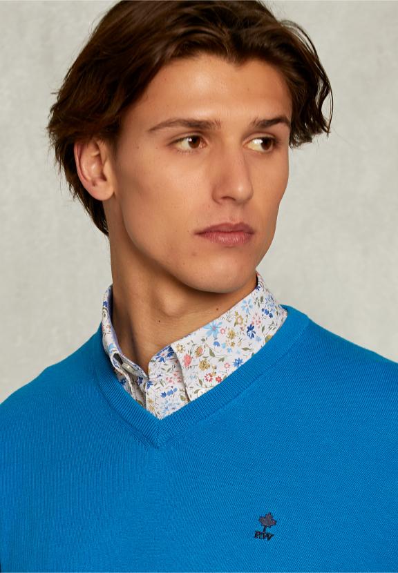 Normal Fit Basic Cotton V-Neck Pullover Tropical Blue Mix - Bleu