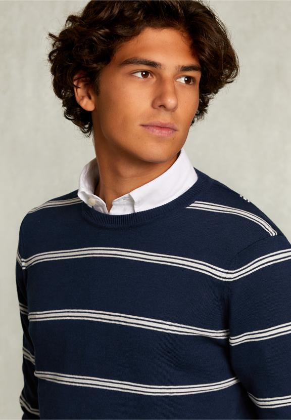 Slim Fit Striped Pima Cotton Sweater French Dark Mix - Bleu