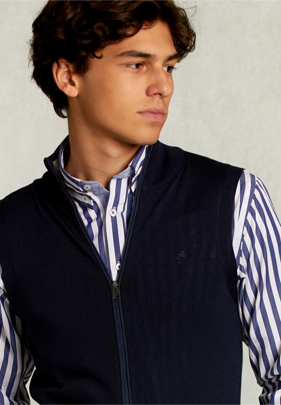 Custom Fit Sleeveless Merino Cardigan Navy - Bleu