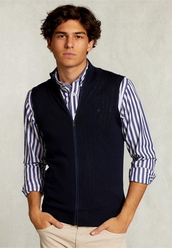 Custom Fit Sleeveless Merino Cardigan Navy - Bleu