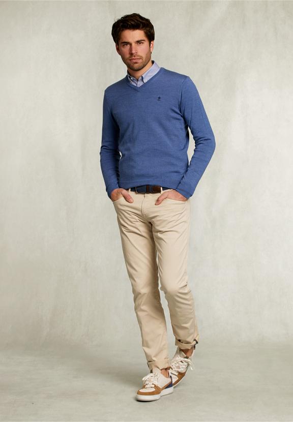 Custom Fit Merino V-Neck Pullover Anon Blue Mix - Bleu