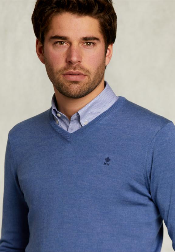 Custom Fit Merino V-Neck Pullover Anon Blue Mix - Bleu