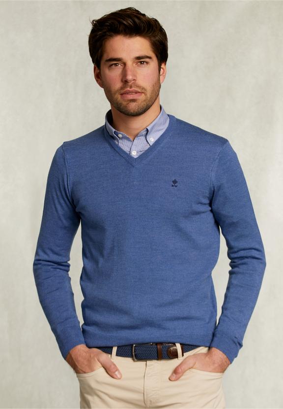 Custom Fit Merino V-Neck Pullover Anon Blue Mix - Bleu