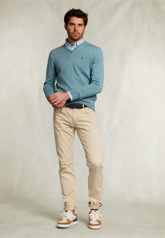Custom Fit Merino V-Neck Pullover Dark Sisal Mix - Kaki