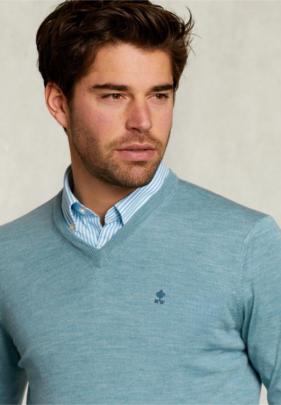 Custom Fit Merino V-Neck Pullover Dark Sisal Mix - Kaki