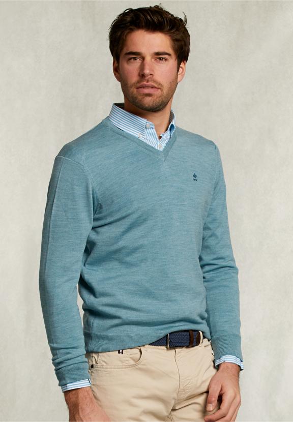 Custom Fit Merino V-Neck Pullover Dark Sisal Mix - Kaki