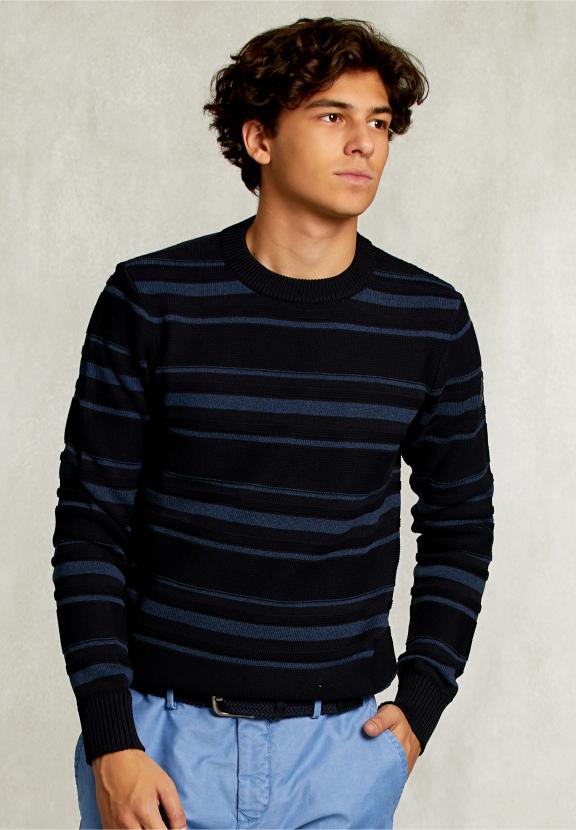 Custom Fit Striped Pima Cotton Sweater Blue - Bleu