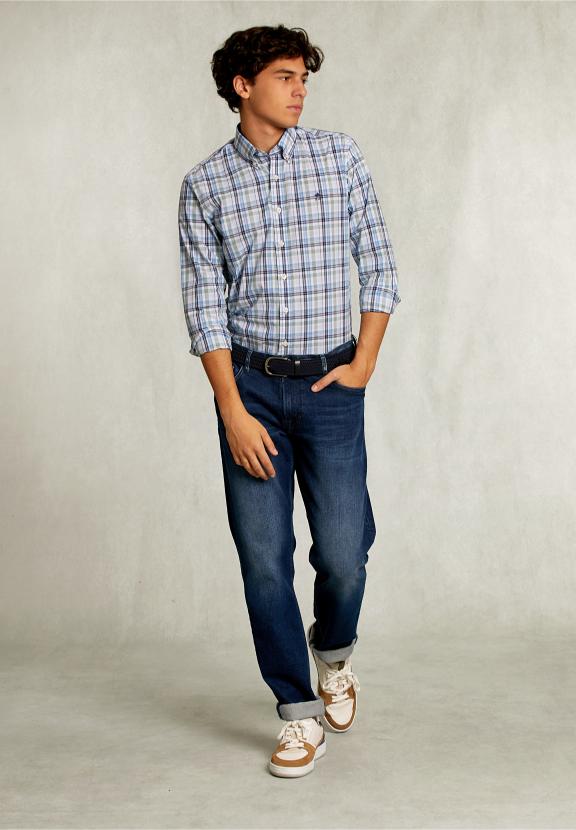 Custom Fit Checked Shirt Green/Blue - Bleu