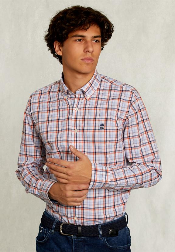Custom Fit Checked Shirt Orange/Blue - Bleu