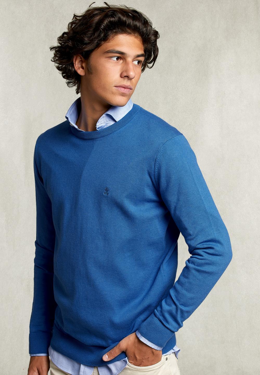 Basic Crew Neck Pullover Exotic Blue Mix - Bleu